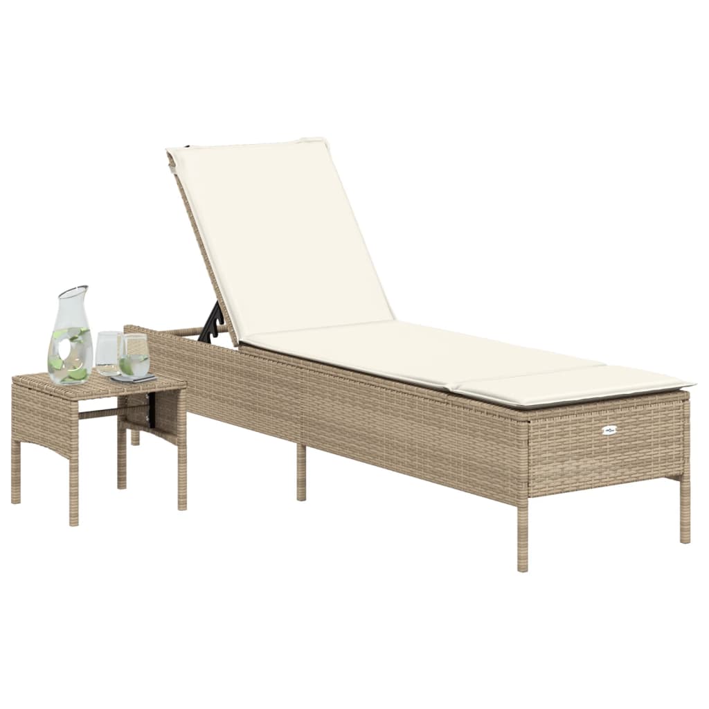 Sonnenliege mit Tisch und Auflage Beige Poly Rattan