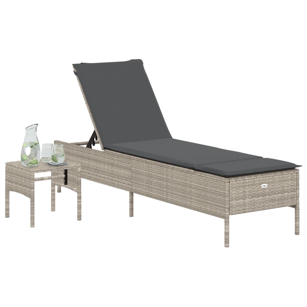 Sonnenliege mit Tisch und Auflage Hellgrau Poly Rattan