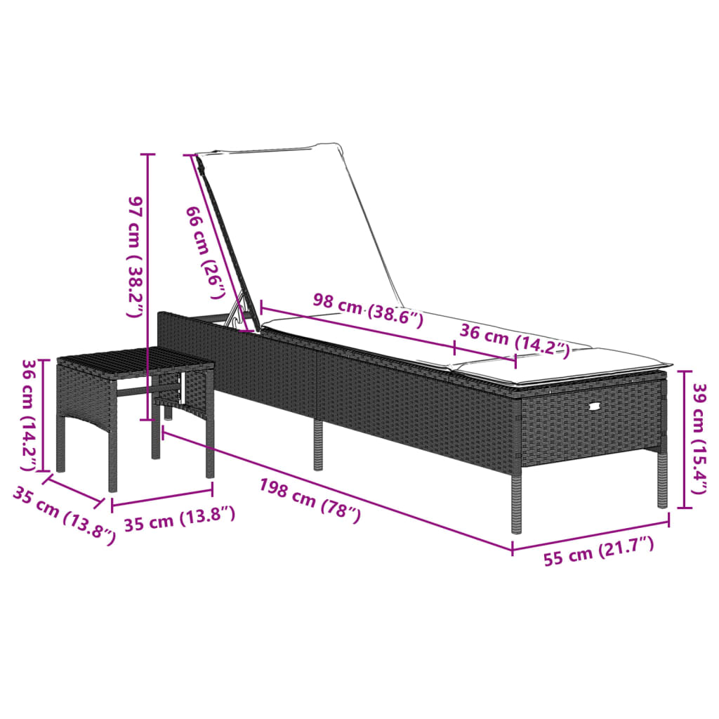 Sonnenliege mit Tisch und Auflage Hellgrau Poly Rattan