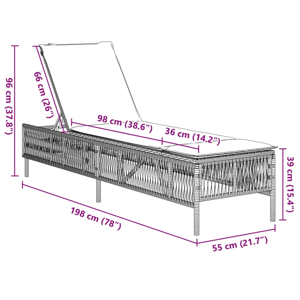 Sonnenliege mit Auflage Schwarz Poly-Rattan