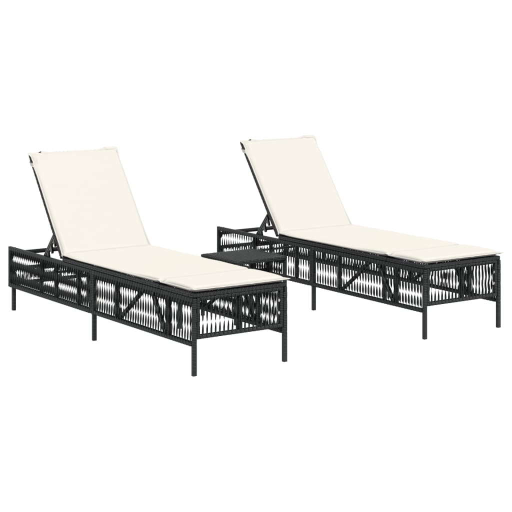 Sonnenliegen 2 Stk. mit Tisch Schwarz Poly Rattan