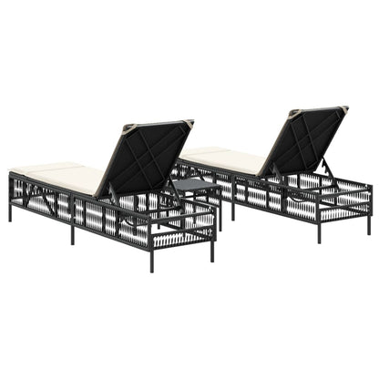 Sonnenliegen 2 Stk. mit Tisch Schwarz Poly Rattan