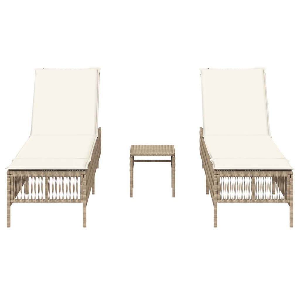 Sonnenliegen 2 Stk. mit Tisch Beige Poly Rattan