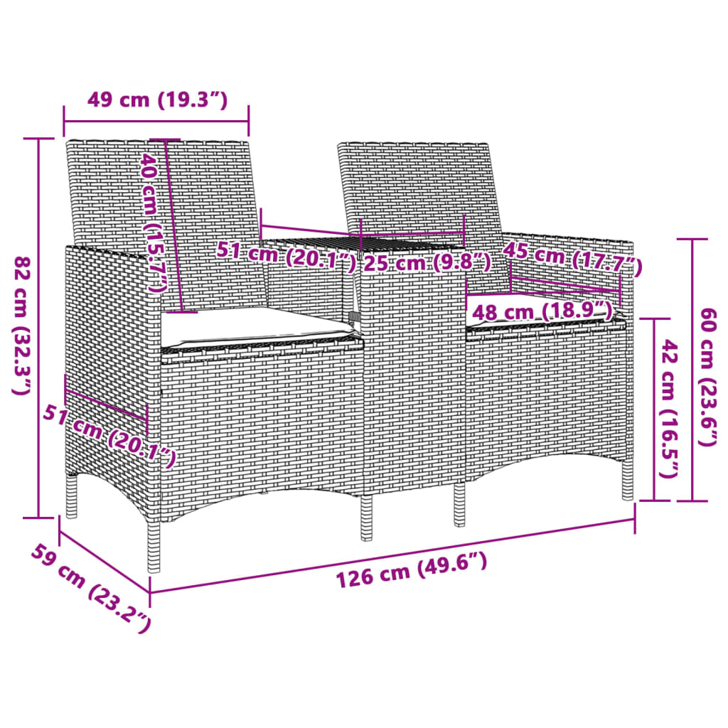 Gartensofa 2-Sitzer mit Tisch und Kissen Braun Poly Rattan