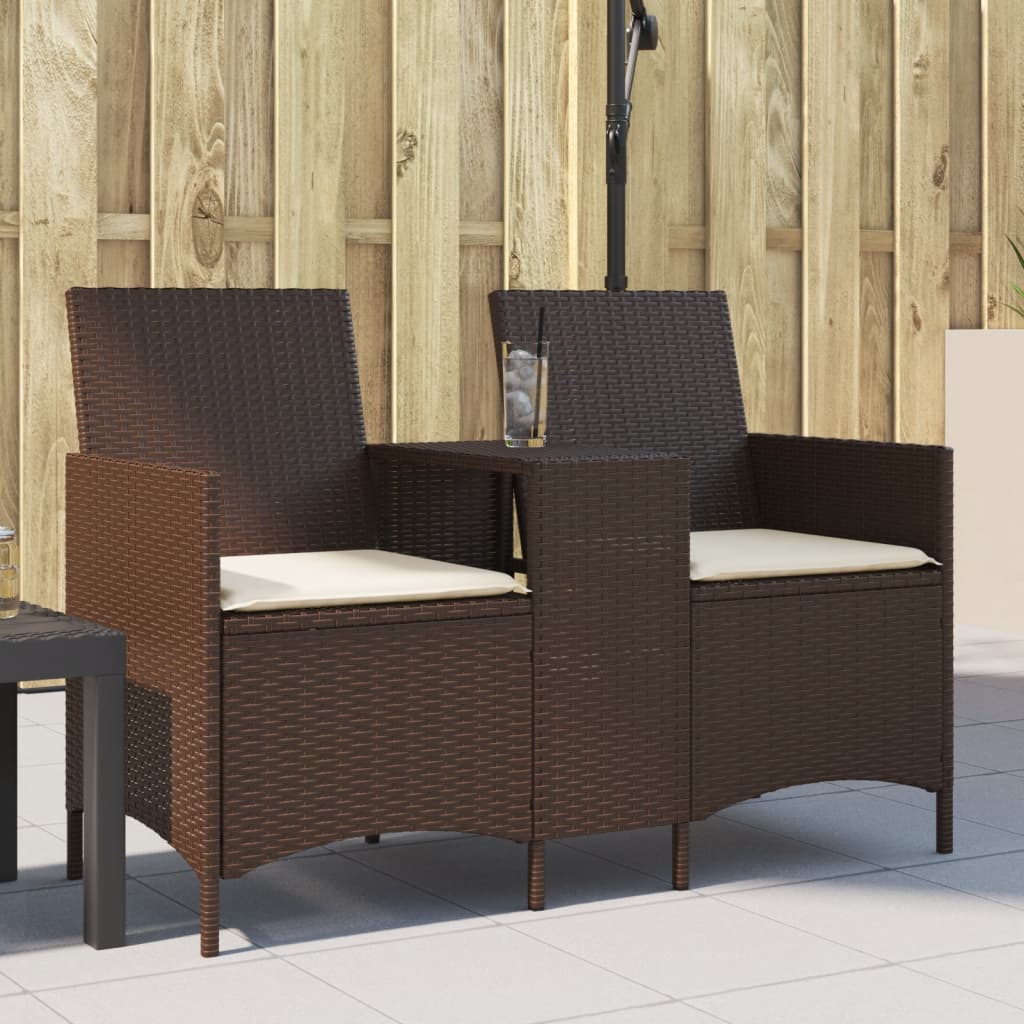 Gartensofa 2-Sitzer mit Tisch und Kissen Braun Poly Rattan