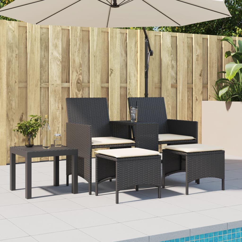 Gartensofa 2-Sitzer mit Tisch und Hockern Schwarz Poly Rattan