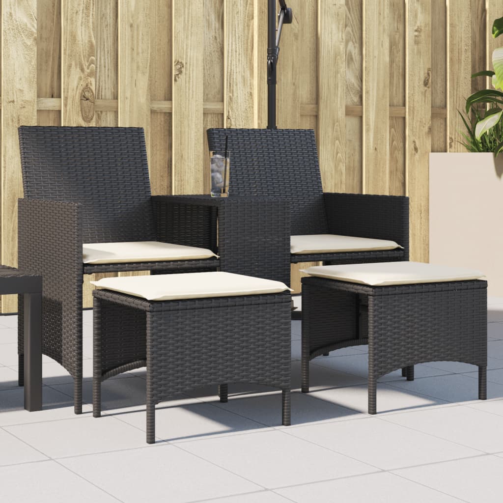 Gartensofa 2-Sitzer mit Tisch und Hockern Schwarz Poly Rattan