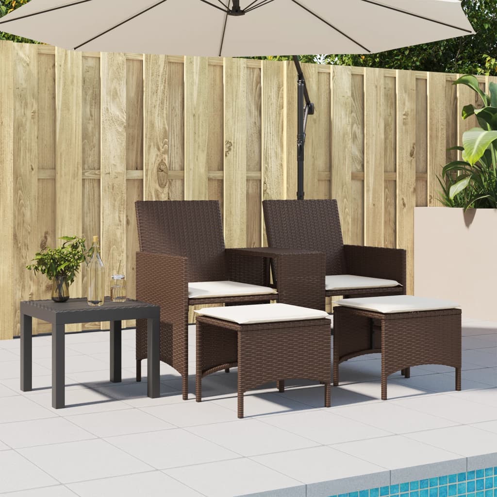 Gartensofa 2-Sitzer mit Tisch und Hockern Braun Poly Rattan