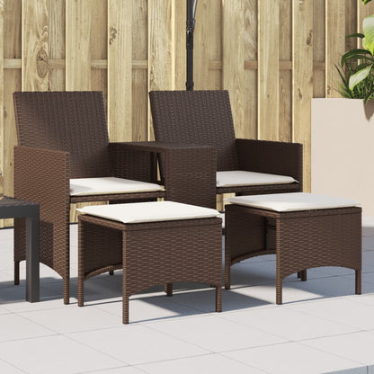 Gartensofa 2-Sitzer mit Tisch und Hockern Braun Poly Rattan