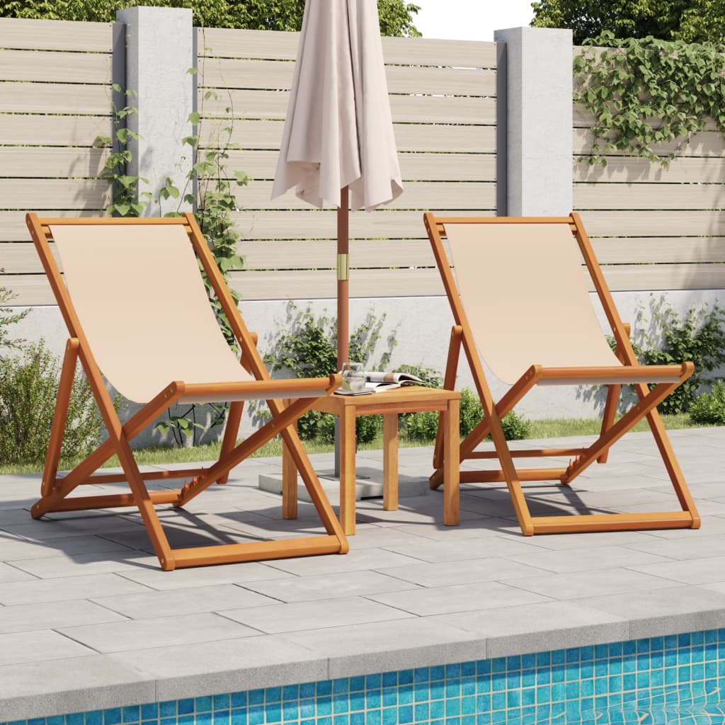 Strandstuhl Klappbar Beige Massivholz Eukalyptus und Stoff