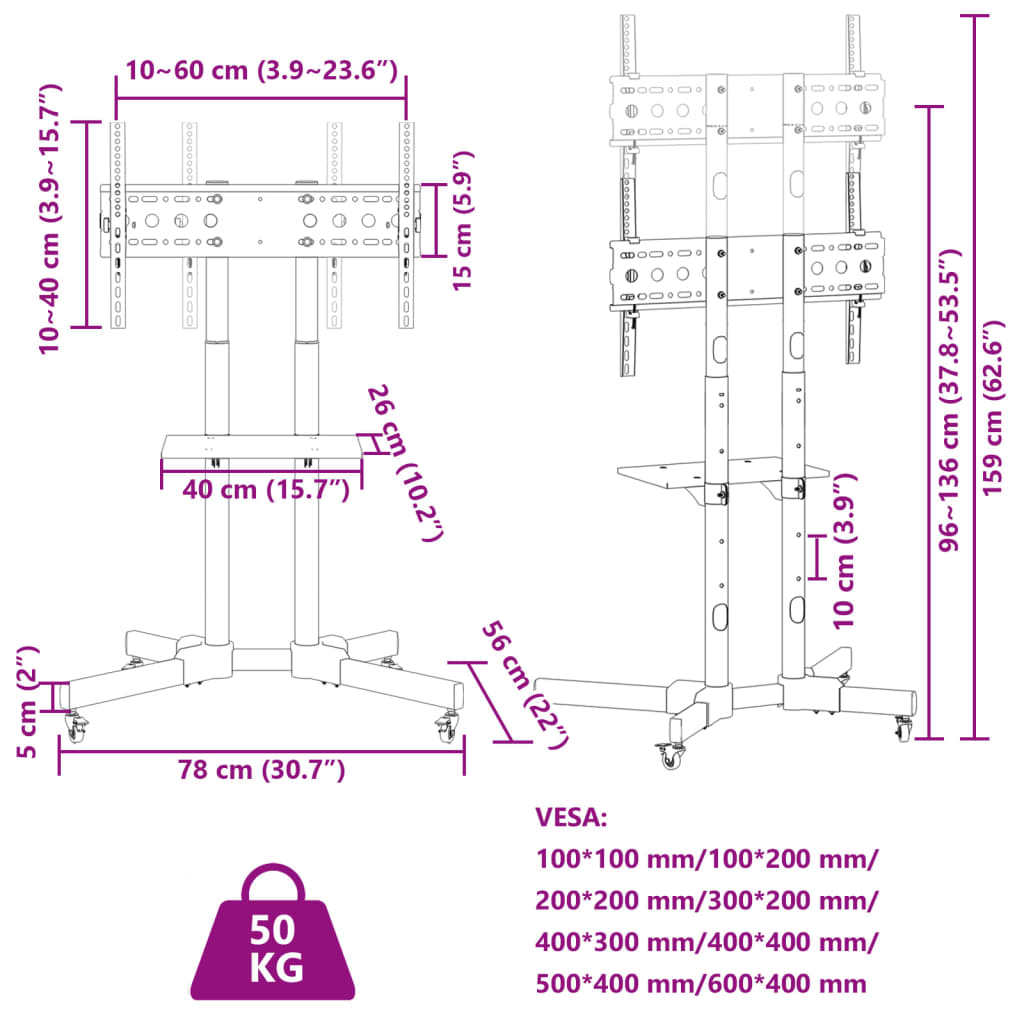 TV-Ständer Rädern 32-70 Zoll Bildschirm Max VESA 600x400mm 50kg