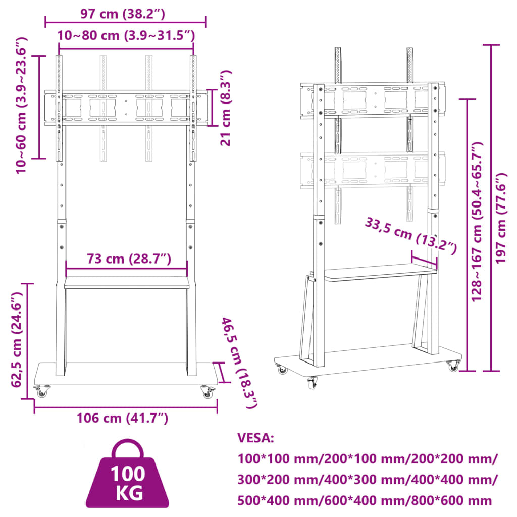 TV-Ständer auf Rollen 32-90 Zoll Max VESA 800x600 mm 100kg