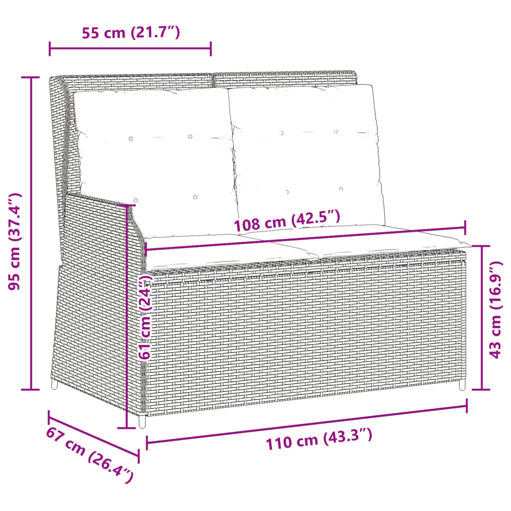 Gartenbank Verstellbar mit Kissen Braun Poly Rattan