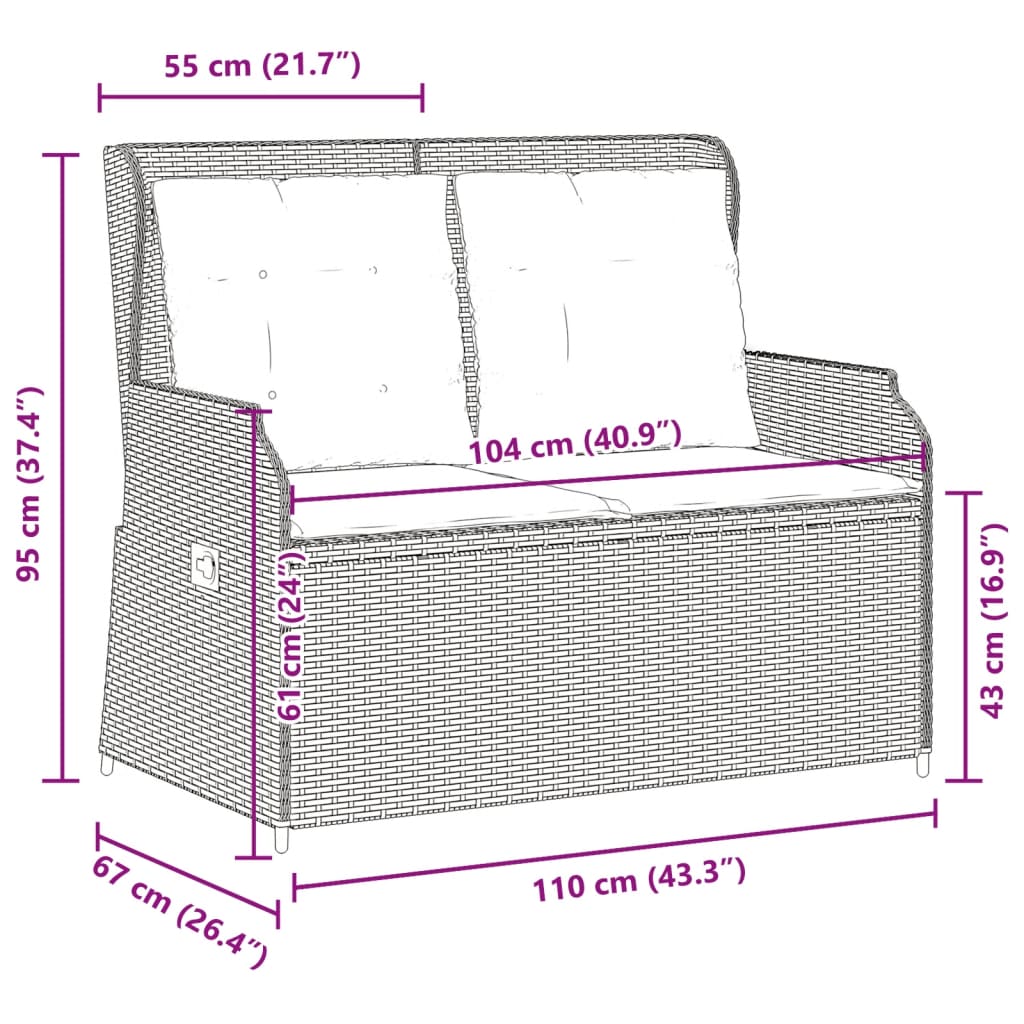 Gartenbank Verstellbar mit Kissen Braun Poly Rattan