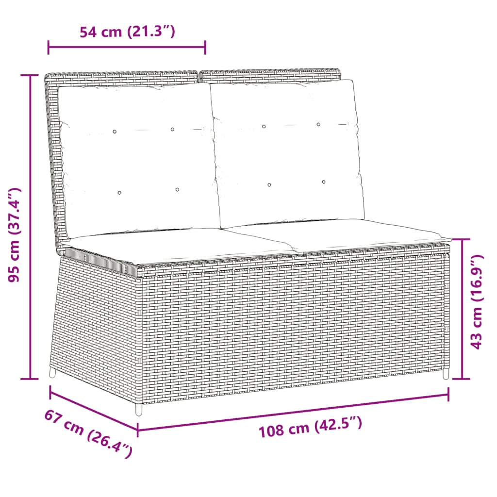 Gartenbank Verstellbar mit Kissen Grau Poly Rattan