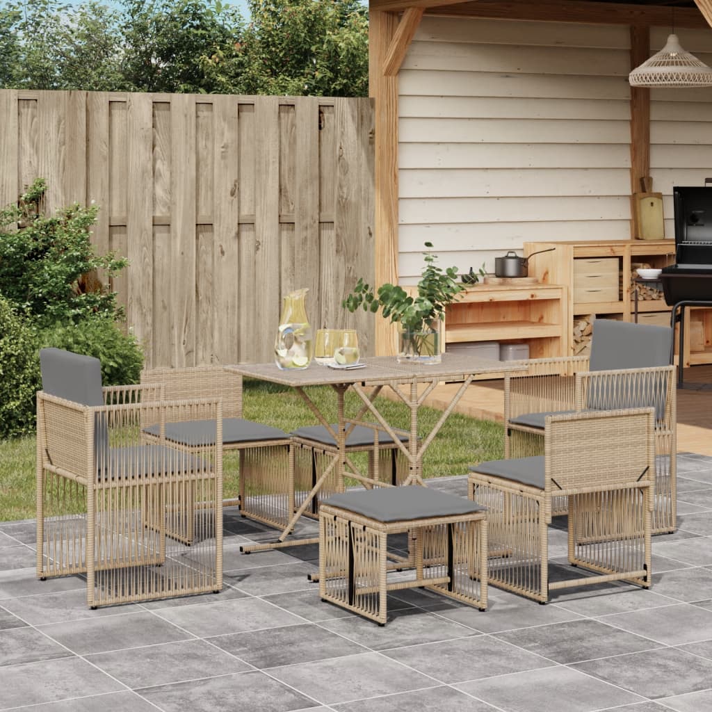 7-tlg. Garten-Essgruppe mit Kissen Beige Poly Rattan