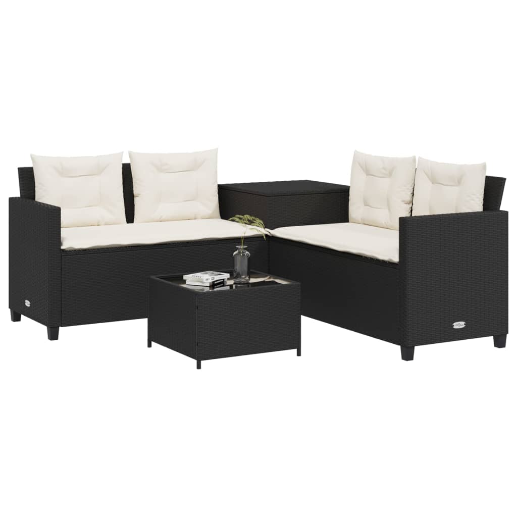 Gartensofa in L-Form mit Tisch und Kissen Schwarz Poly Rattan