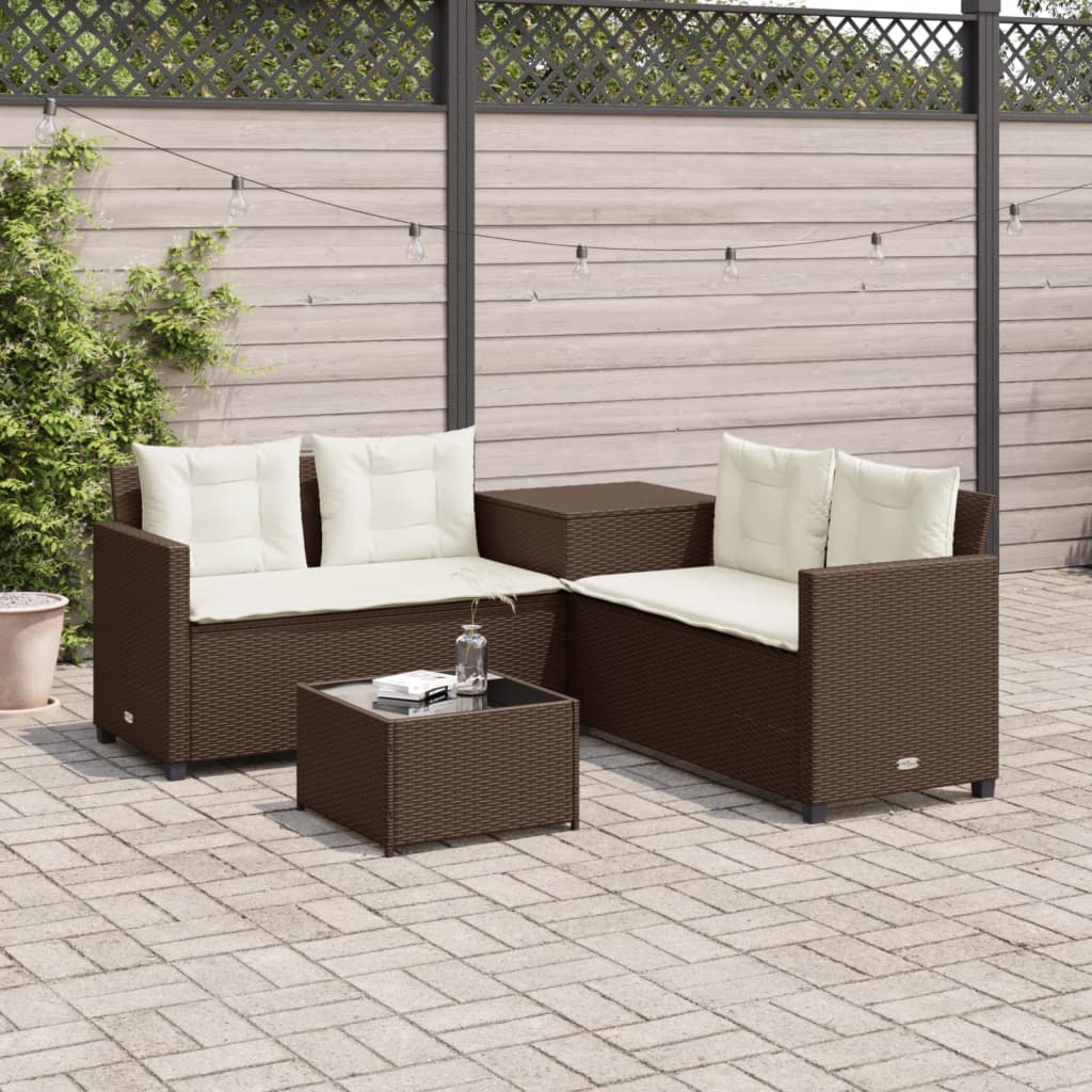 Gartensofa in L-Form mit Tisch und Kissen Braun Poly Rattan