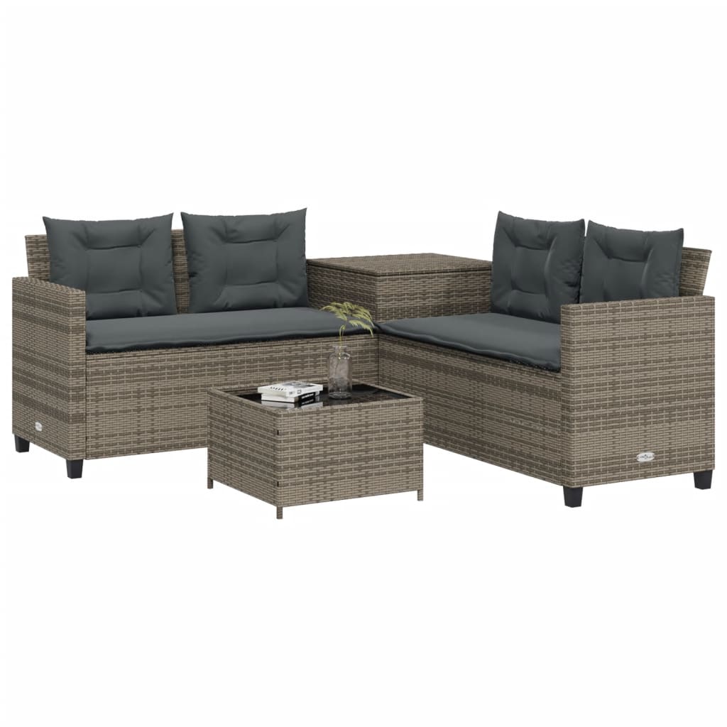 Gartensofa in L-Form mit Tisch und Kissen Grau Poly Rattan