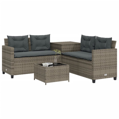 Gartensofa in L-Form mit Tisch und Kissen Grau Poly Rattan