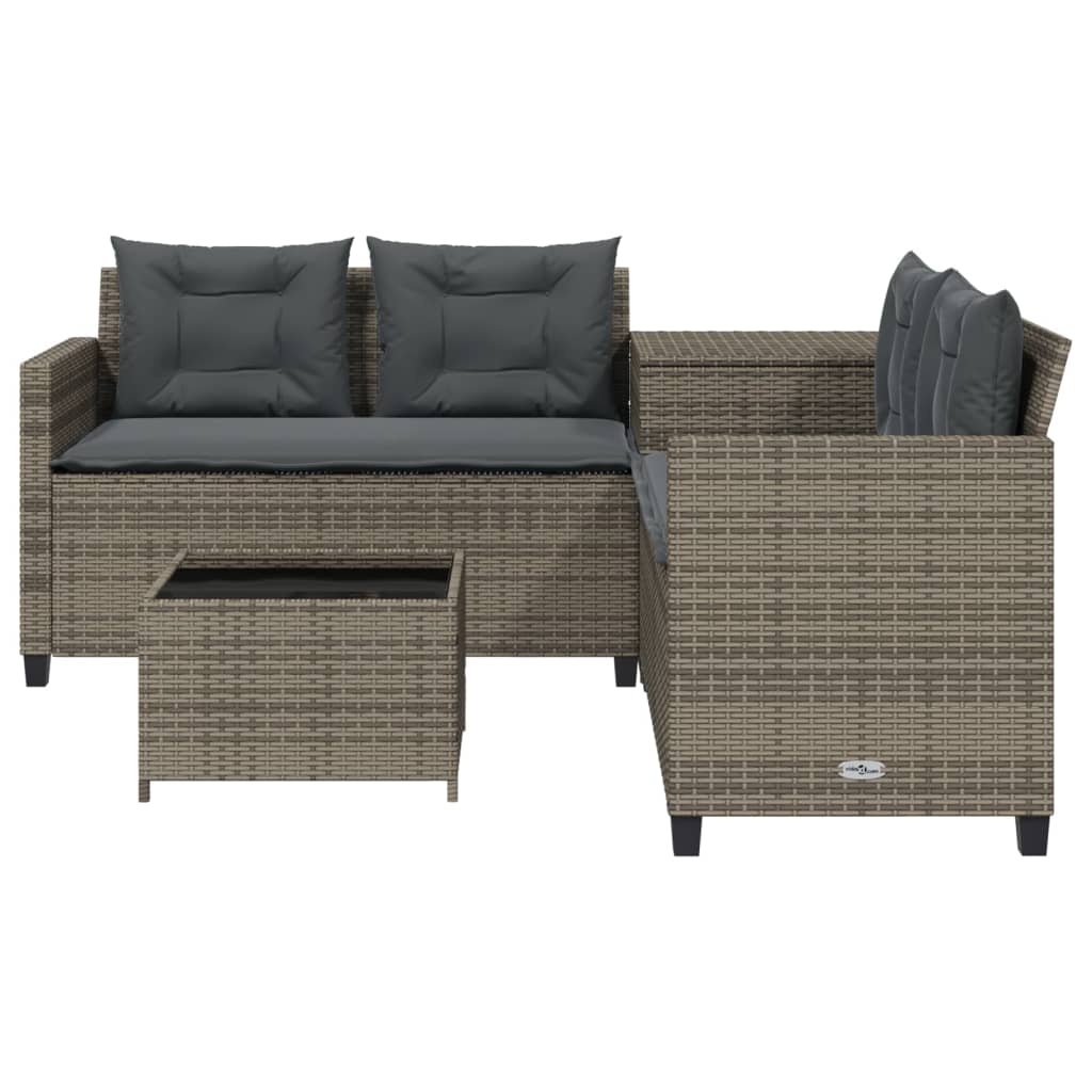 Gartensofa in L-Form mit Tisch und Kissen Grau Poly Rattan