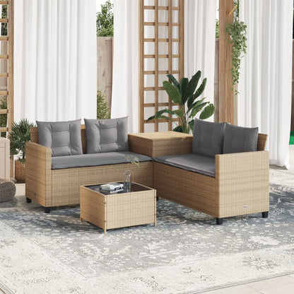 Gartensofa in L-Form mit Tisch und Kissen Beige Poly Rattan