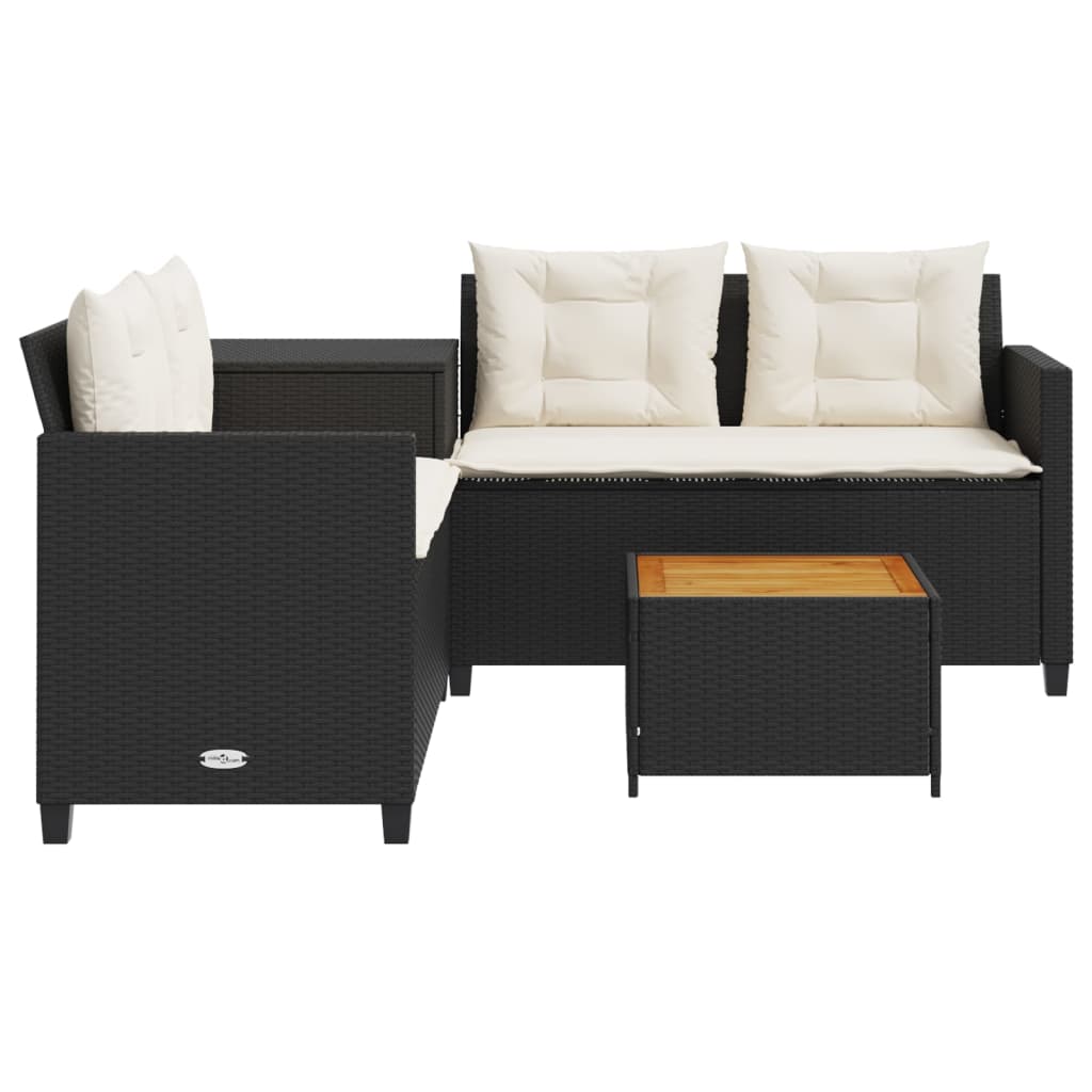 Gartensofa in L-Form mit Tisch und Kissen Schwarz Poly Rattan