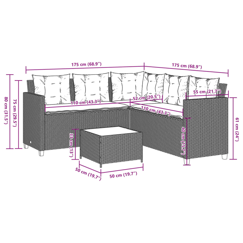 Gartensofa in L-Form mit Tisch und Kissen Grau Poly Rattan