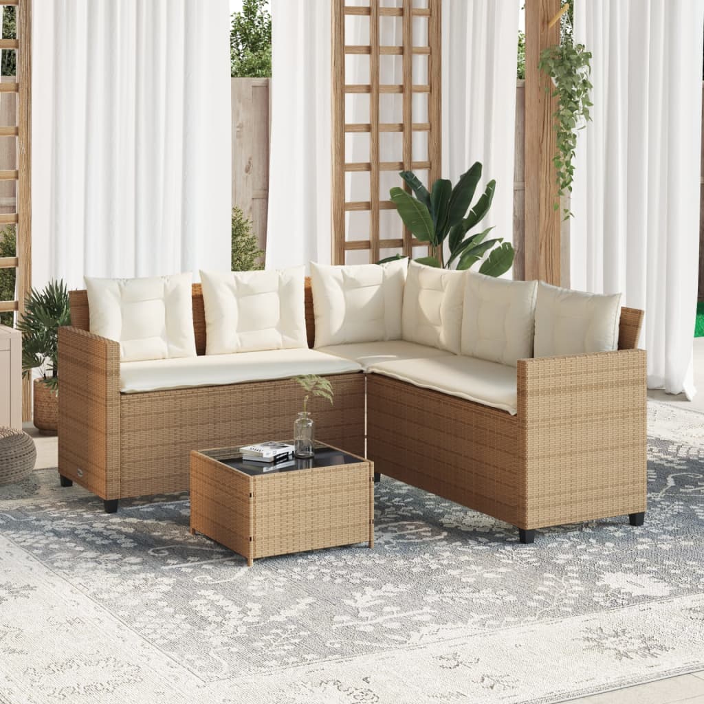 Gartensofa in L-Form mit Tisch und Kissen Beige Poly Rattan