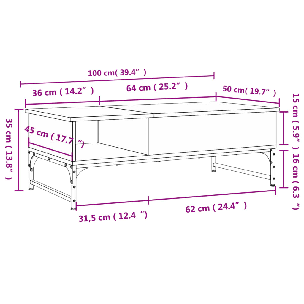 Couchtisch Räuchereiche 100x50x35 cm Holzwerkstoff und Metall