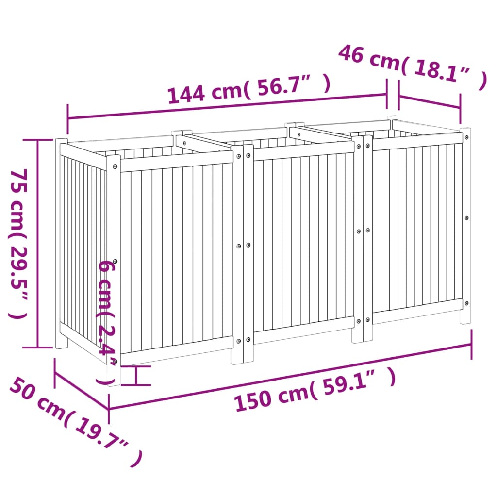 Pflanzkübel mit Einlage 150x50x75 cm Massivholz Akazie