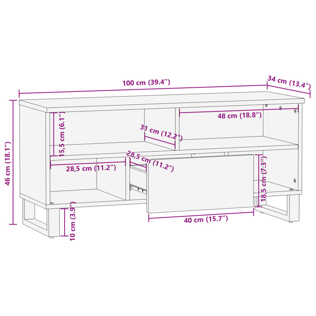 TV-Schrank 100x34x46 cm Raues Massives Mangoholz