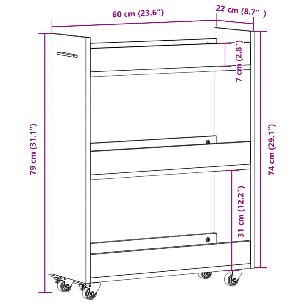 Schrank mit Rollen Grau Sonoma 60x22x79 cm Holzwerkstoff