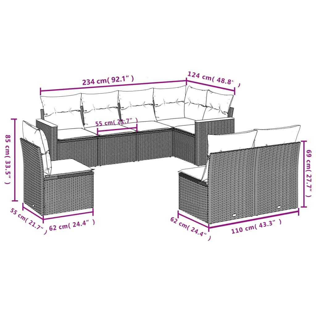 8-tlg. Garten-Sofagarnitur mit Kissen Beige Poly Rattan