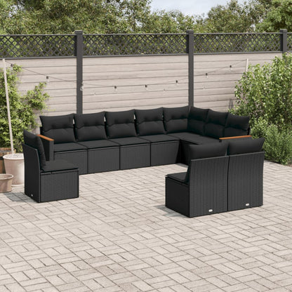 10-tlg. Garten-Sofagarnitur mit Kissen Schwarz Poly Rattan