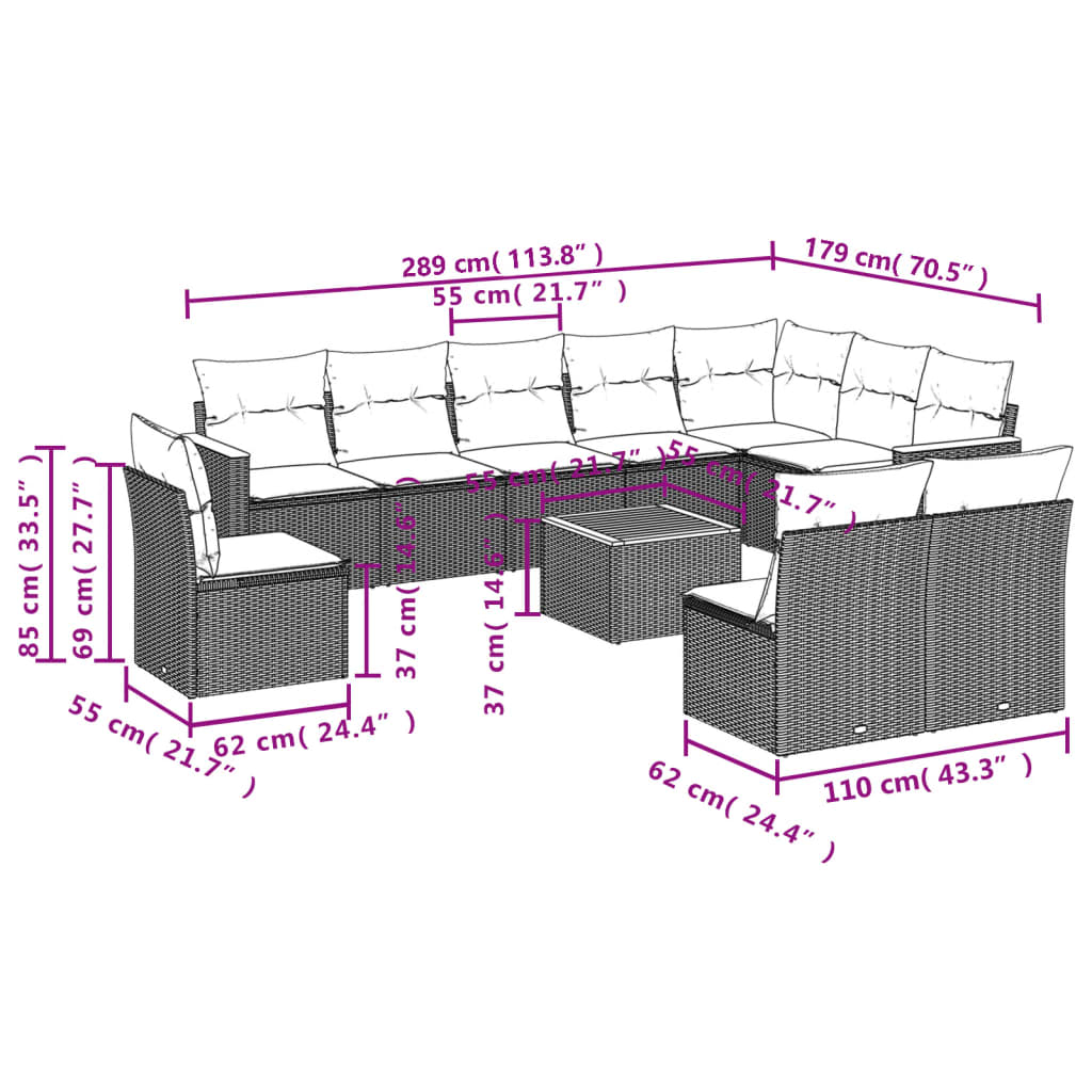 11-tlg. Garten-Sofagarnitur mit Kissen Schwarz Poly Rattan