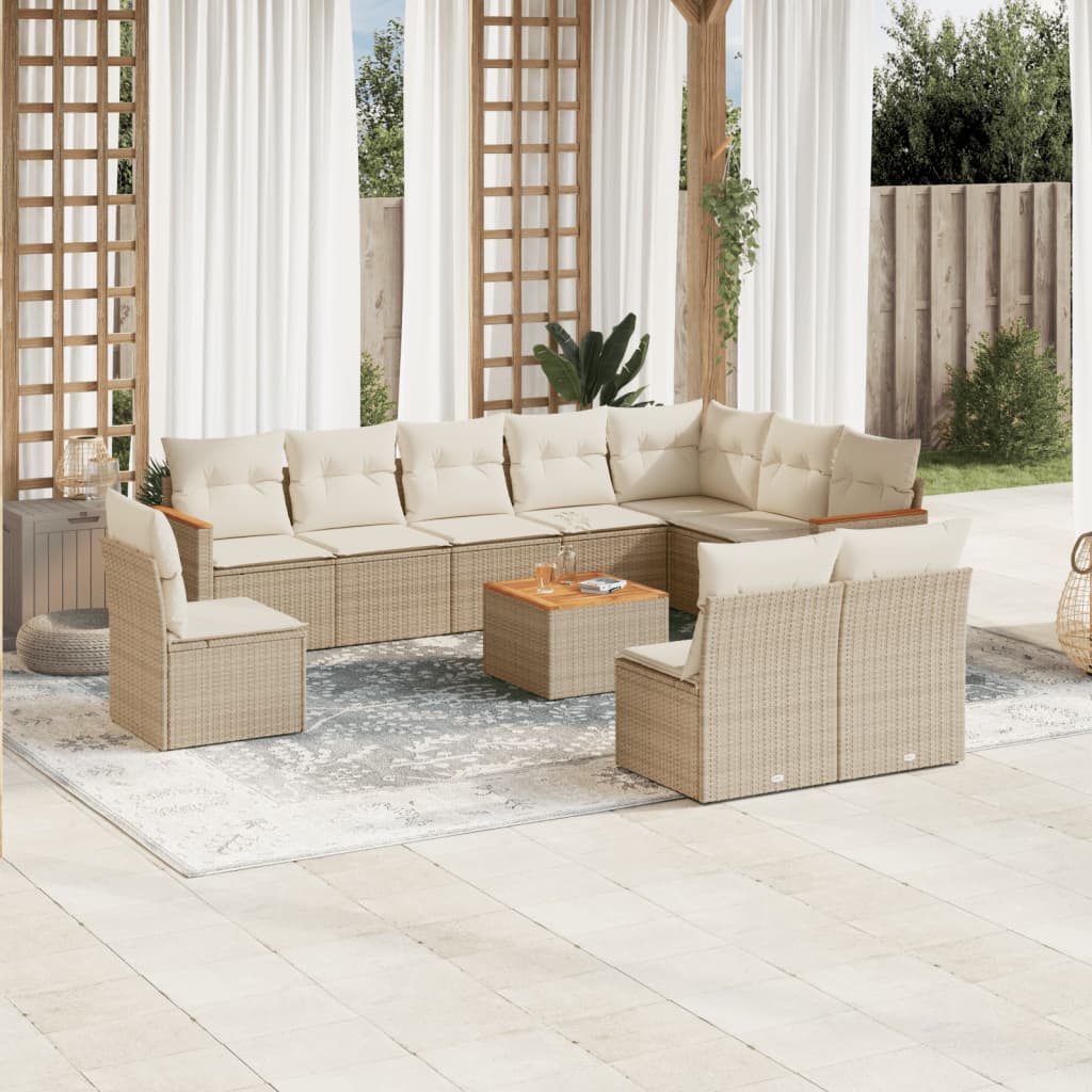 11-tlg. Garten-Sofagarnitur mit Kissen Beige Poly Rattan