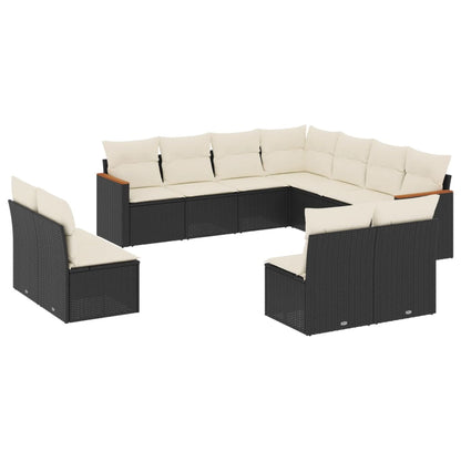 11-tlg. Garten-Sofagarnitur mit Kissen Schwarz Poly Rattan