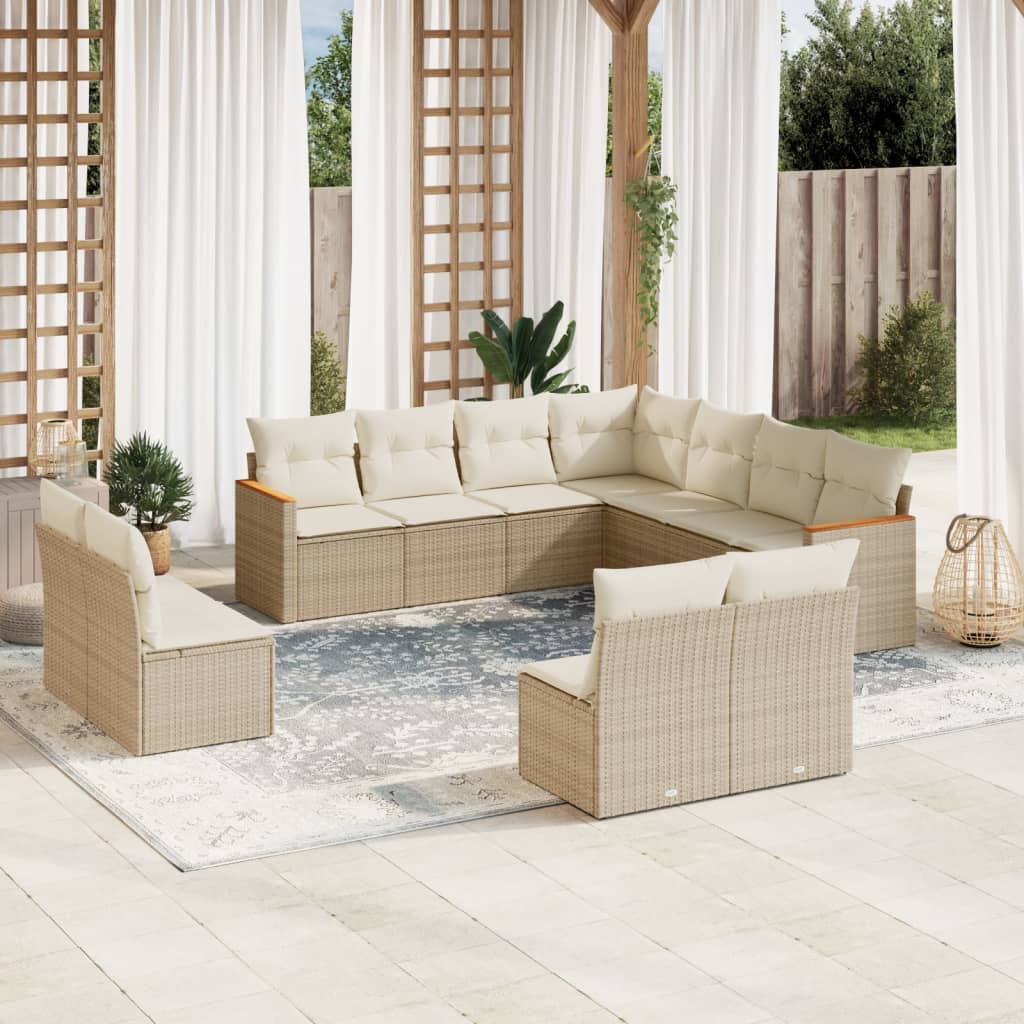 11-tlg. Garten-Sofagarnitur mit Kissen Beige Poly Rattan