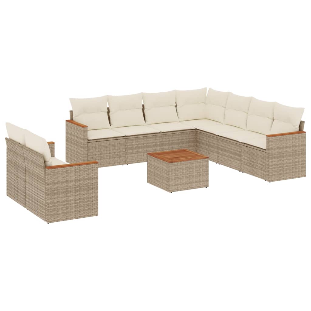 10-tlg. Garten-Sofagarnitur mit Kissen Beige Poly Rattan