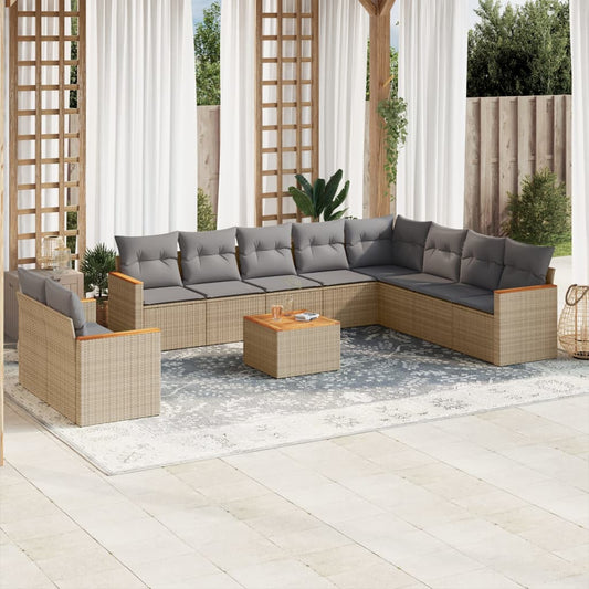 11-tlg. Garten-Sofagarnitur mit Kissen Beige Poly Rattan