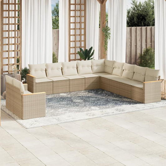 11-tlg. Garten-Sofagarnitur mit Kissen Beige Poly Rattan