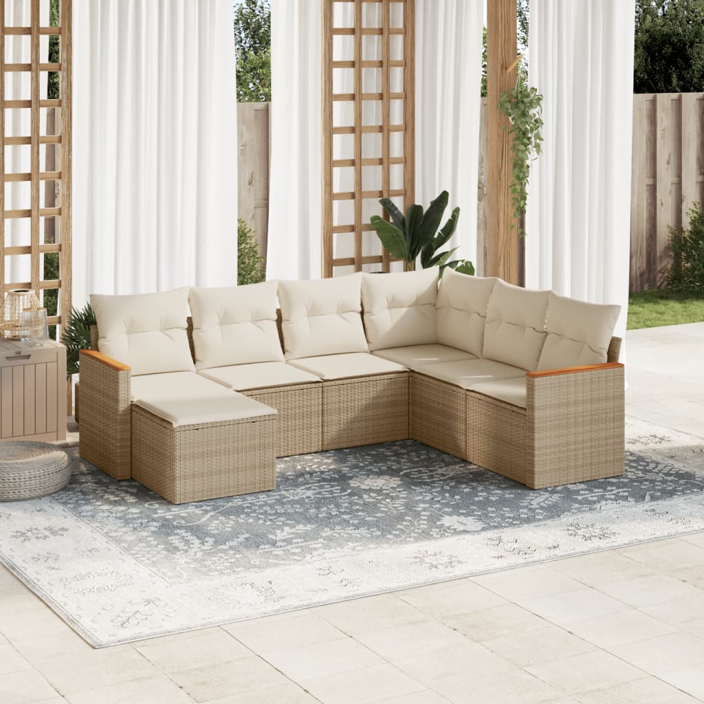 7-tlg. Garten-Sofagarnitur mit Kissen Beige Poly Rattan