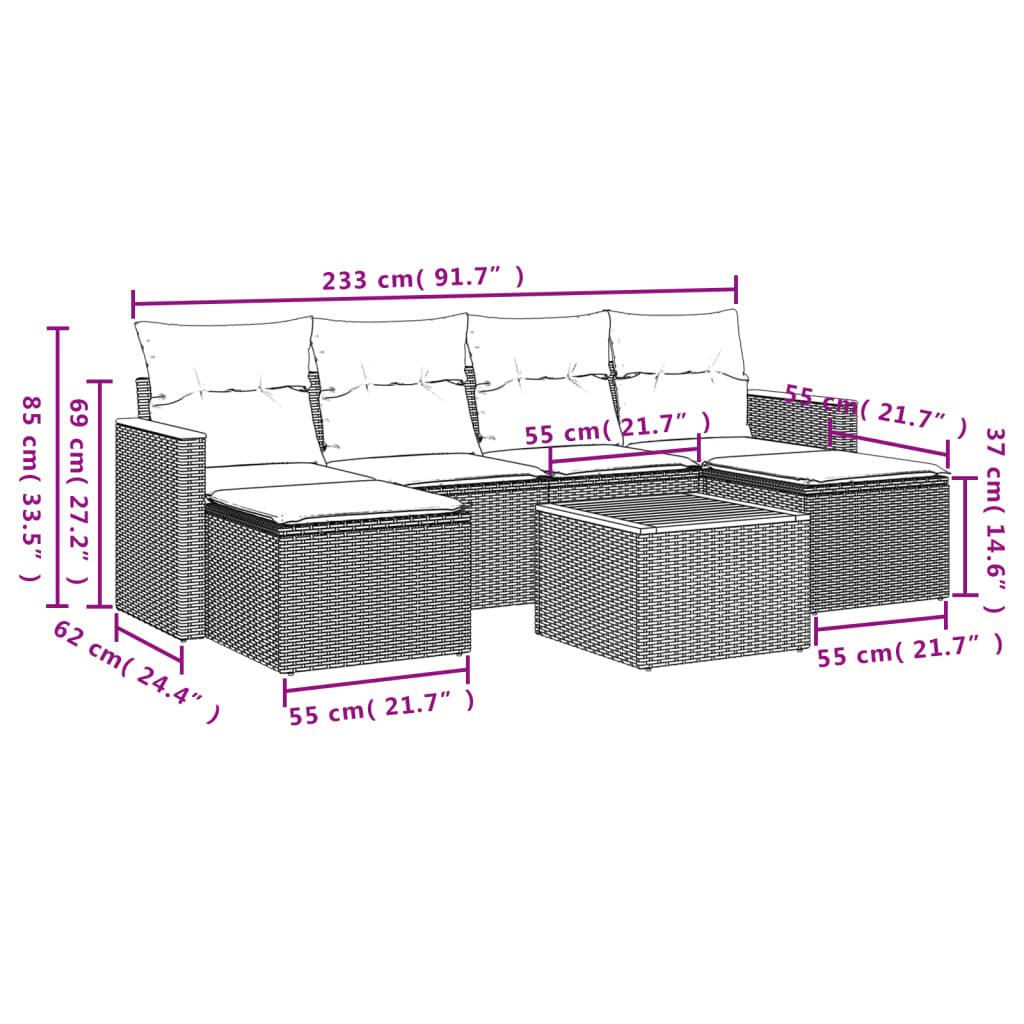 7-tlg. Garten-Sofagarnitur mit Kissen Beige Poly Rattan