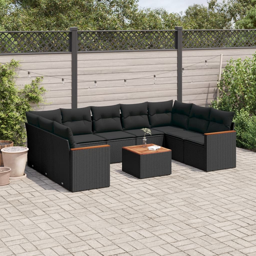 10-tlg. Garten-Sofagarnitur mit Kissen Schwarz Poly Rattan