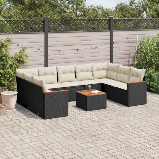 10-tlg. Garten-Sofagarnitur mit Kissen Schwarz Poly Rattan