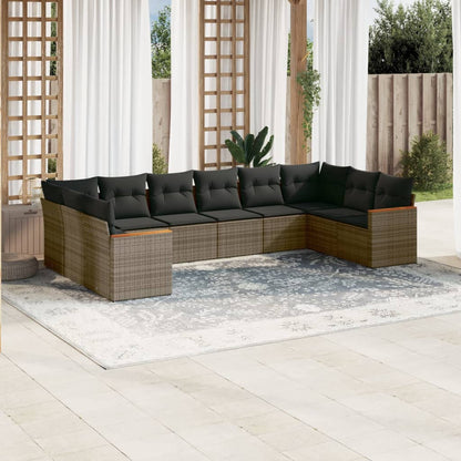 10-tlg. Garten-Sofagarnitur mit Kissen Grau Poly Rattan