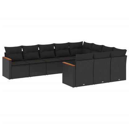 10-tlg. Garten-Sofagarnitur mit Kissen Schwarz Poly Rattan