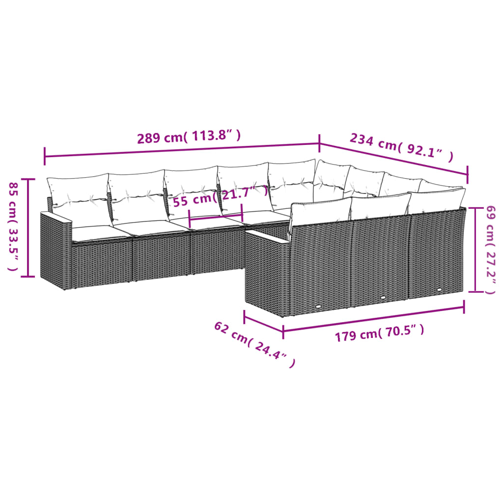 10-tlg. Garten-Sofagarnitur mit Kissen Schwarz Poly Rattan