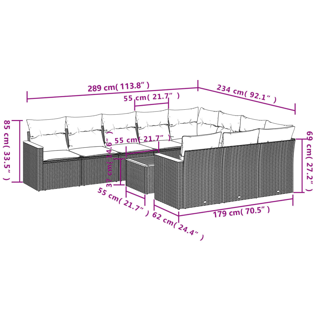 11-tlg. Garten-Sofagarnitur mit Kissen Beige Poly Rattan